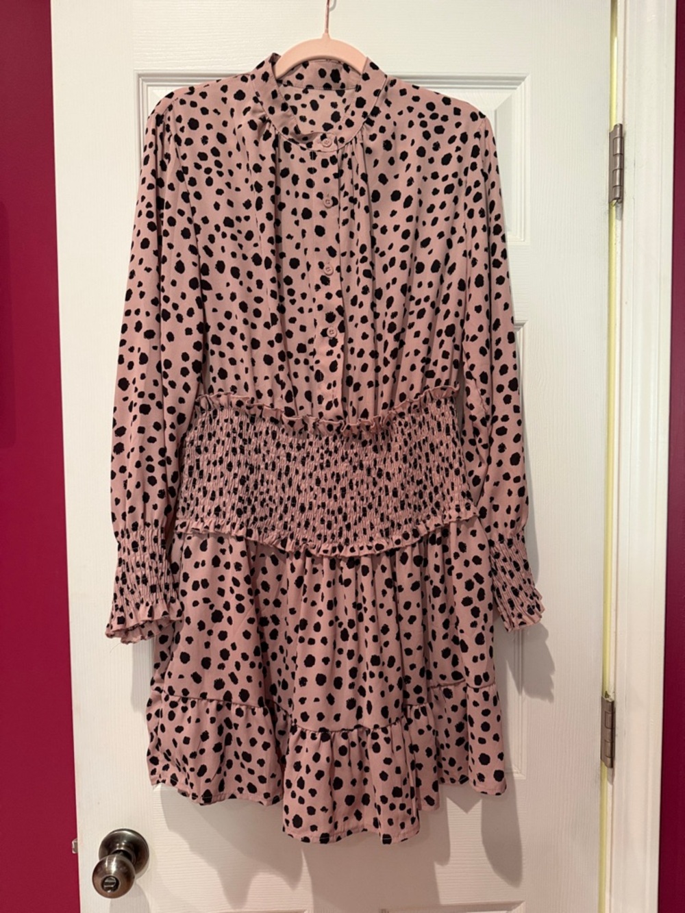 Pink Polka Dot Smocked-Waist Mini Dress